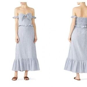 Stylestalker Dress Women Medium Blue White Striped Bella Midi Off Shoulder Linen